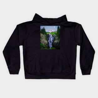 Waterfall in the middle of green trees Kids Hoodie